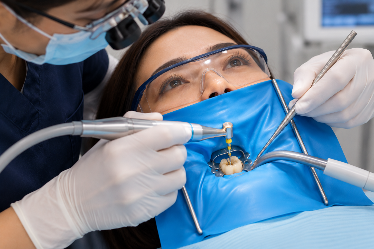 Dentist performing root canal treatment on a molar isolated with a blue rubber dam, using endodontic instruments in a clinical setting.