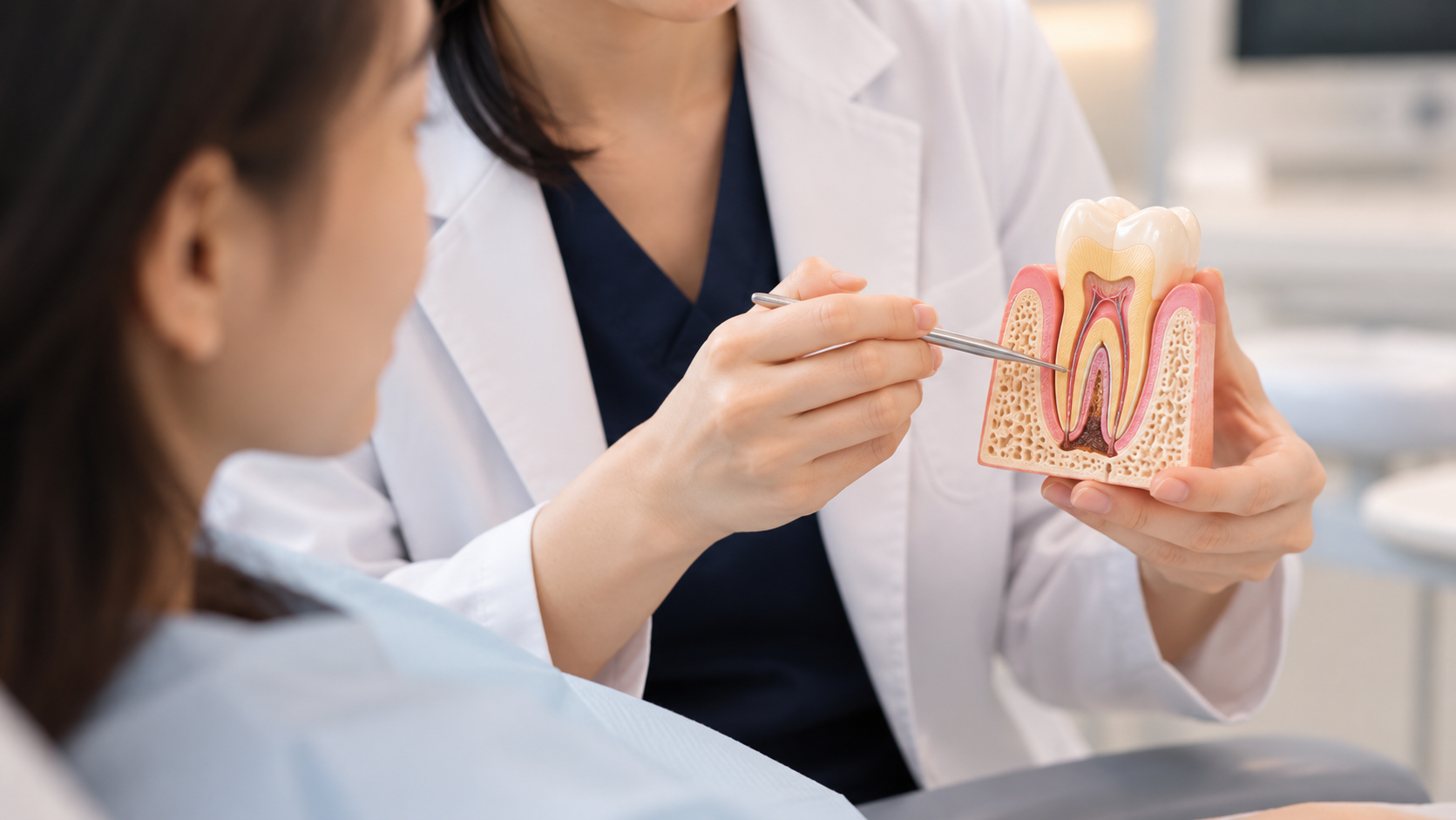 Dentist showing a patient a cross-sectional tooth model and pointing to the root canals during a dental consultation.