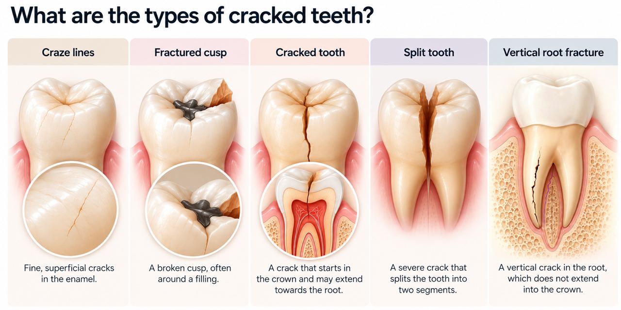 Dental illustration showing five types of cracked teeth: craze lines, fractured cusp, cracked tooth, split tooth and vertical root fracture.
