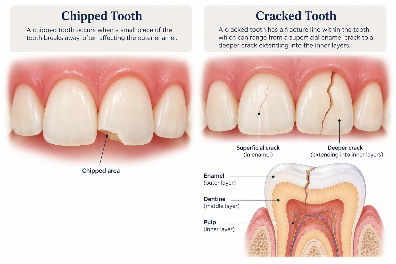 Illustration comparing a chipped tooth with a missing piece of enamel and a cracked tooth with a fracture line running towards the root.