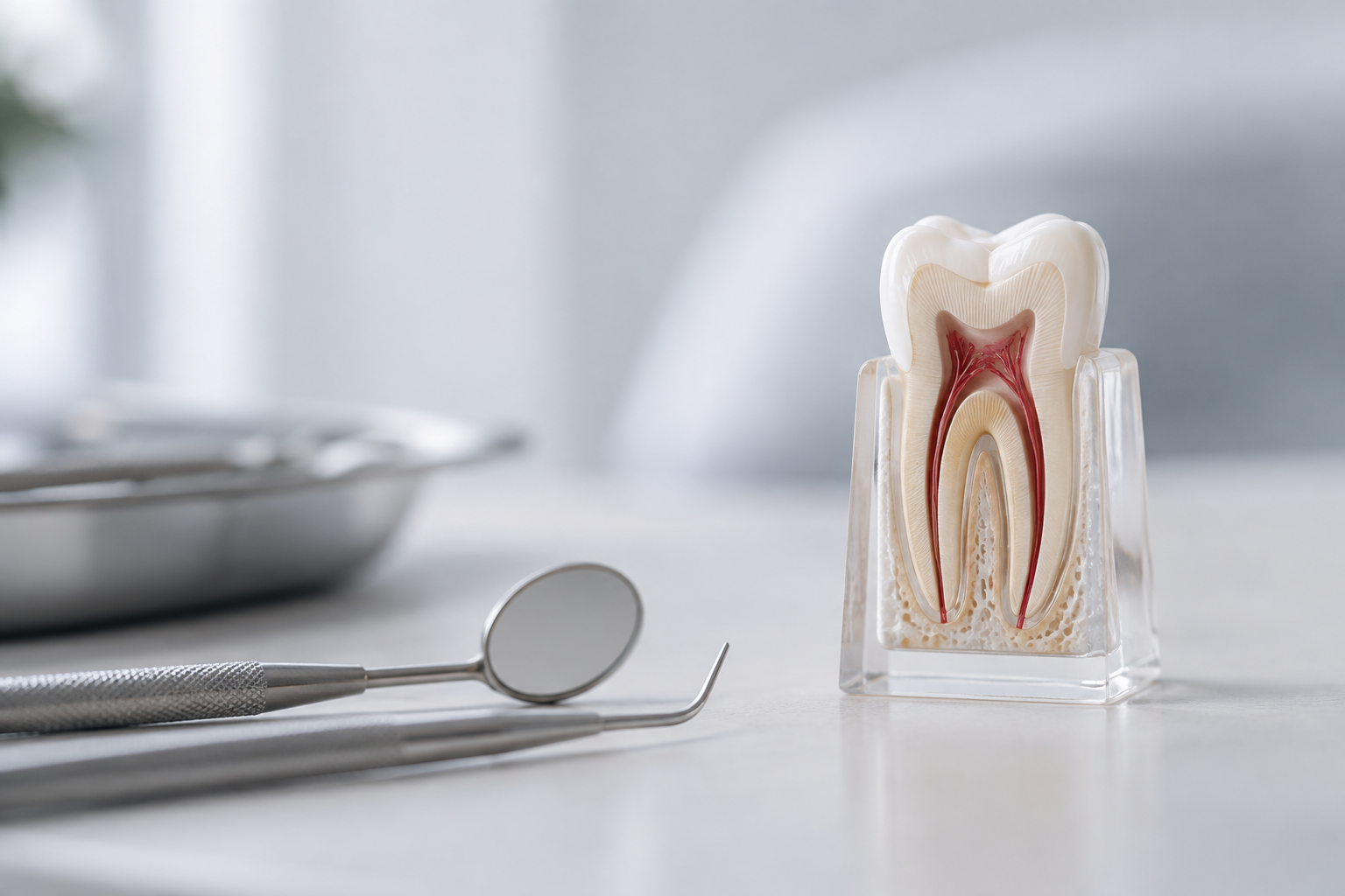 Cross-section of a tooth showing the root canal system alongside dental instruments, representing failed root canal assessment and treatment.