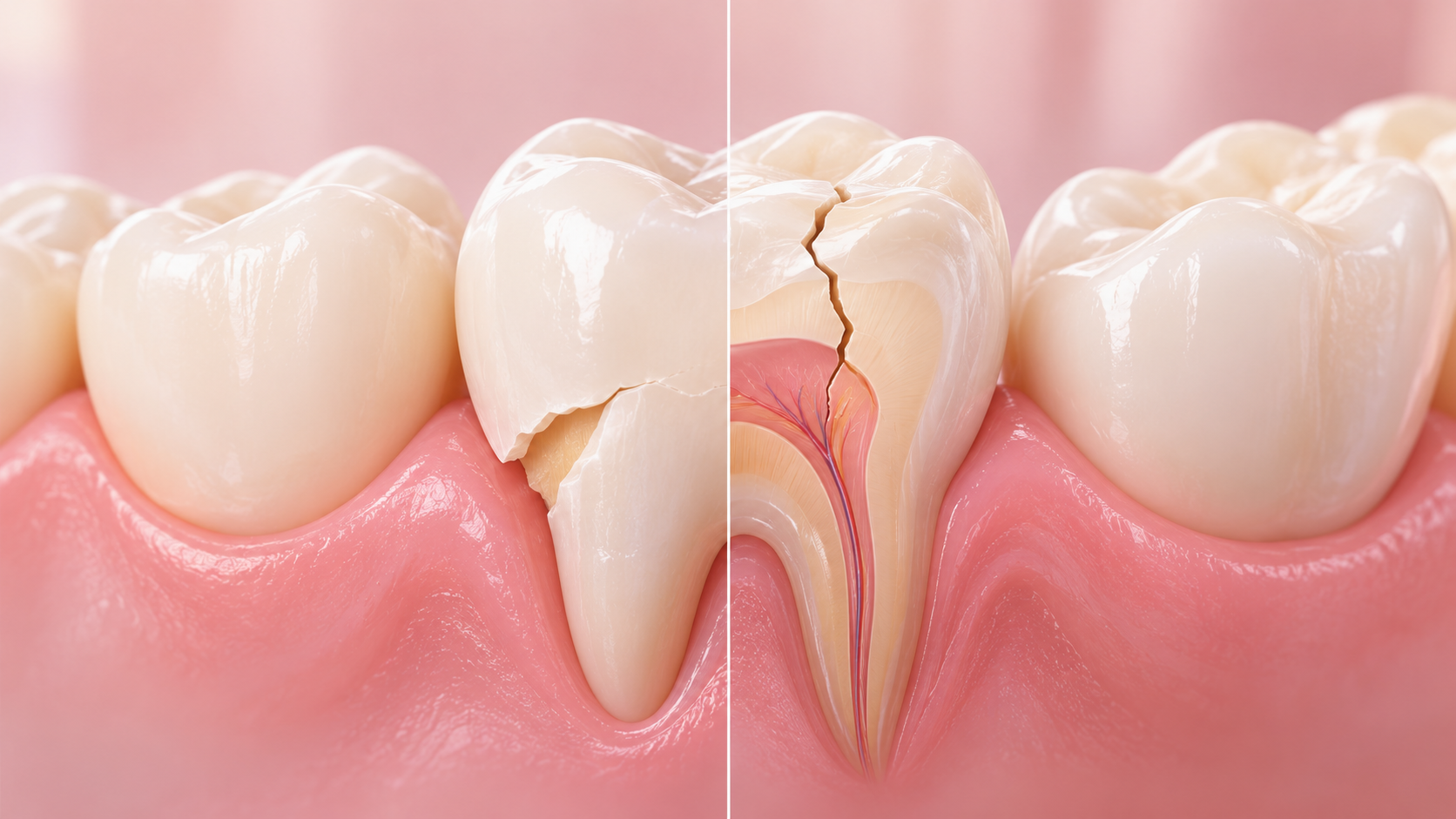 Cross-sectional dental illustration showing a chipped molar with missing tooth structure alongside a cracked molar with a fracture extending towards the dental pulp.